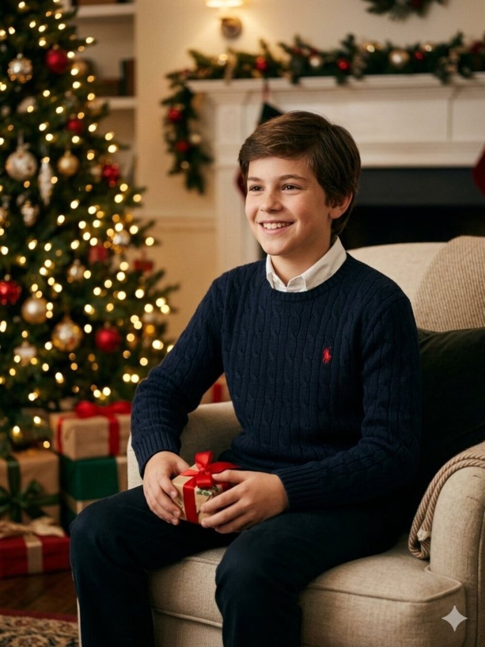 Polo Ralph Lauren Boys Navy Cable Knit Crewneck Sweater Red Pony - Youth L (14-1